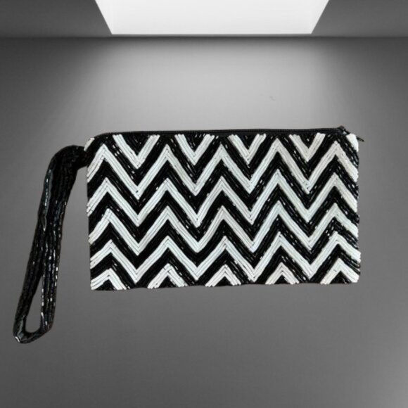 Moyna Handbags - 🖤 Moyna Black And White Beaded Wristlet/Clutch– Glam Party Bag